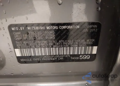 2013 Mitsubishi Lancer Es из США, поврежденный, VIN JA32U2FU0DU001875